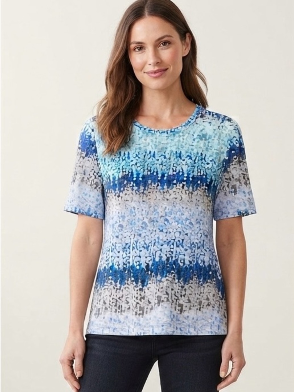 Allison Daley Blue Abstract Patterned Short Sleeve Top - Small Petite - Picture 1 of 7